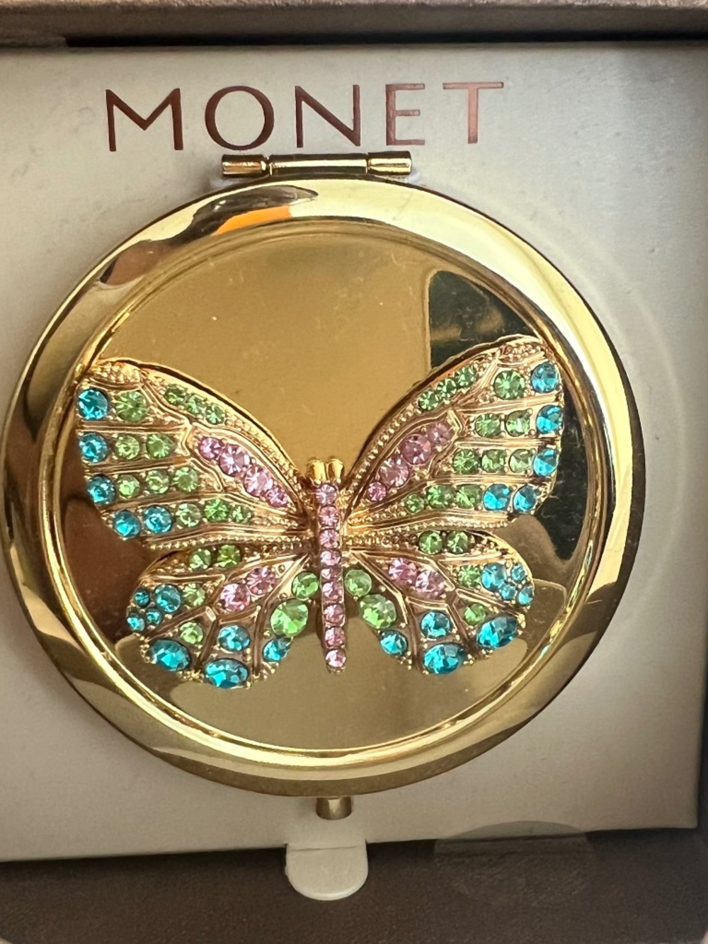 NIB Monet Gold Tone Multi-Color Butterfly Compact Mirror